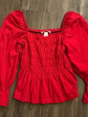 H&M Red Smocked Peplum Blouse, size S
